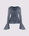 Mesh V-neck Ruffle Bell Sleeve Grey Top