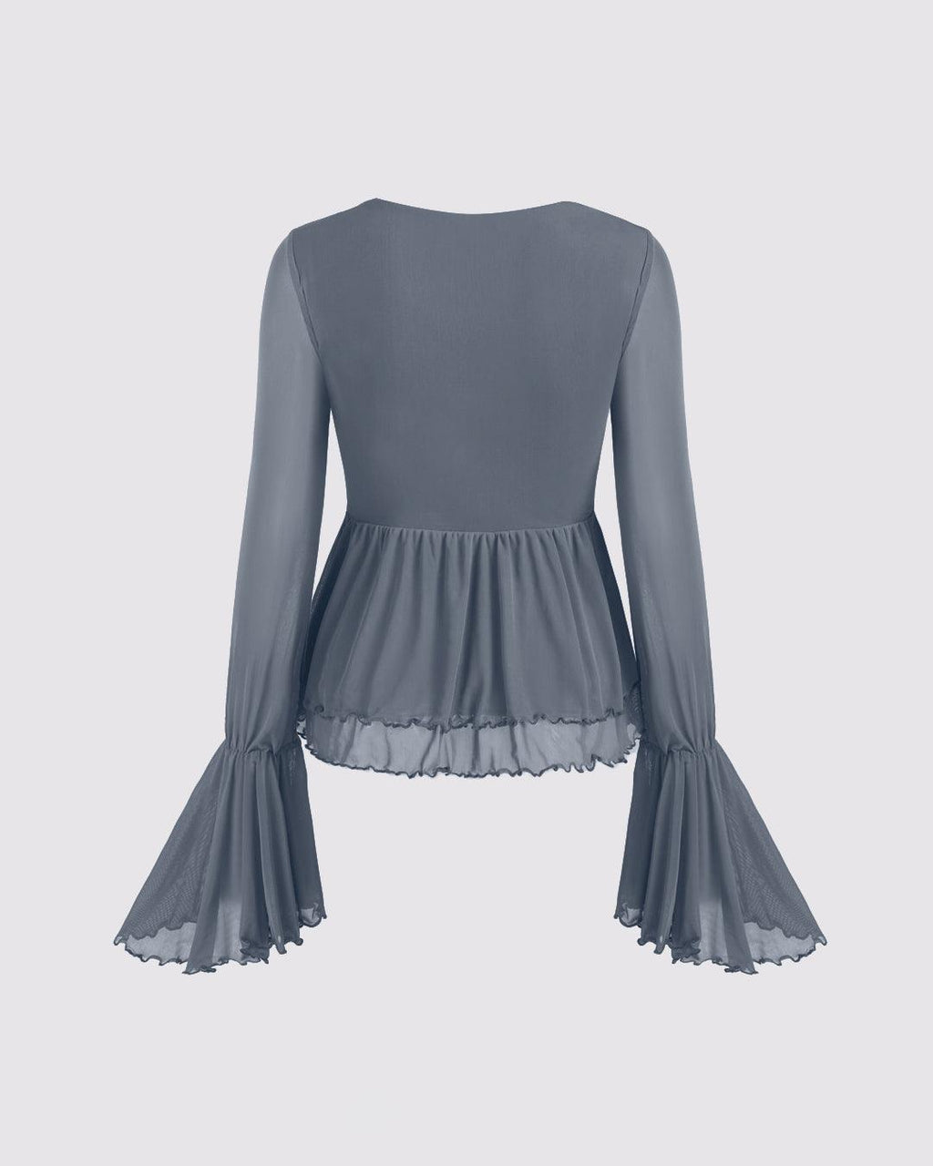 Mesh V-neck Ruffle Bell Sleeve Grey Top