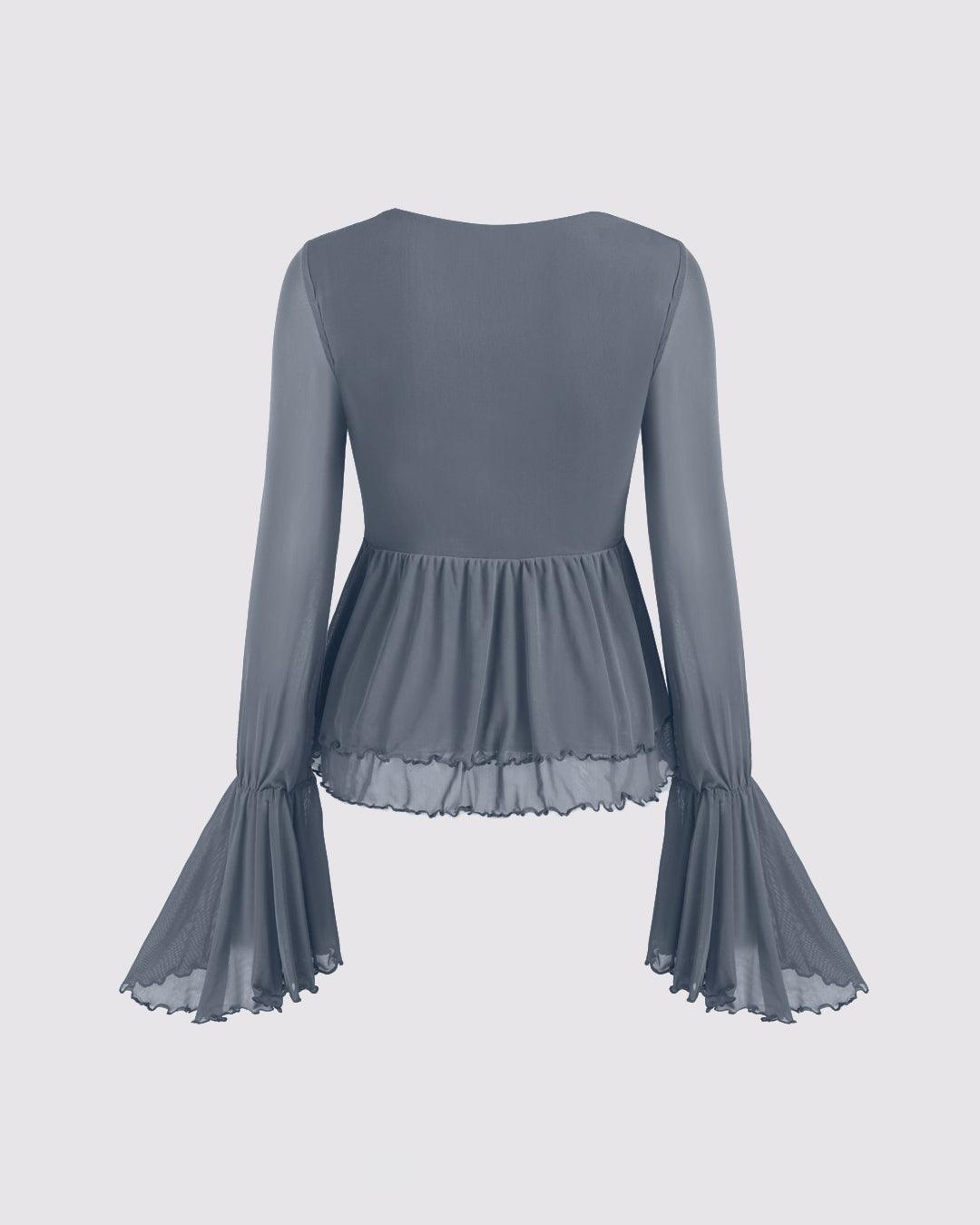 Mesh V-neck Ruffle Bell Sleeve Grey Top