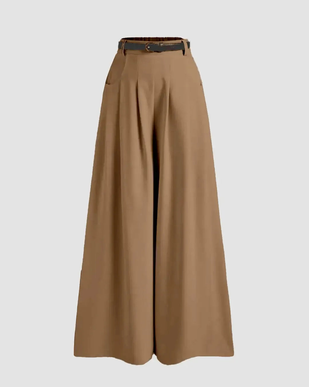 Mid-Rise Woven Wide-Leg Pleated Trousers in Mud Without Belt