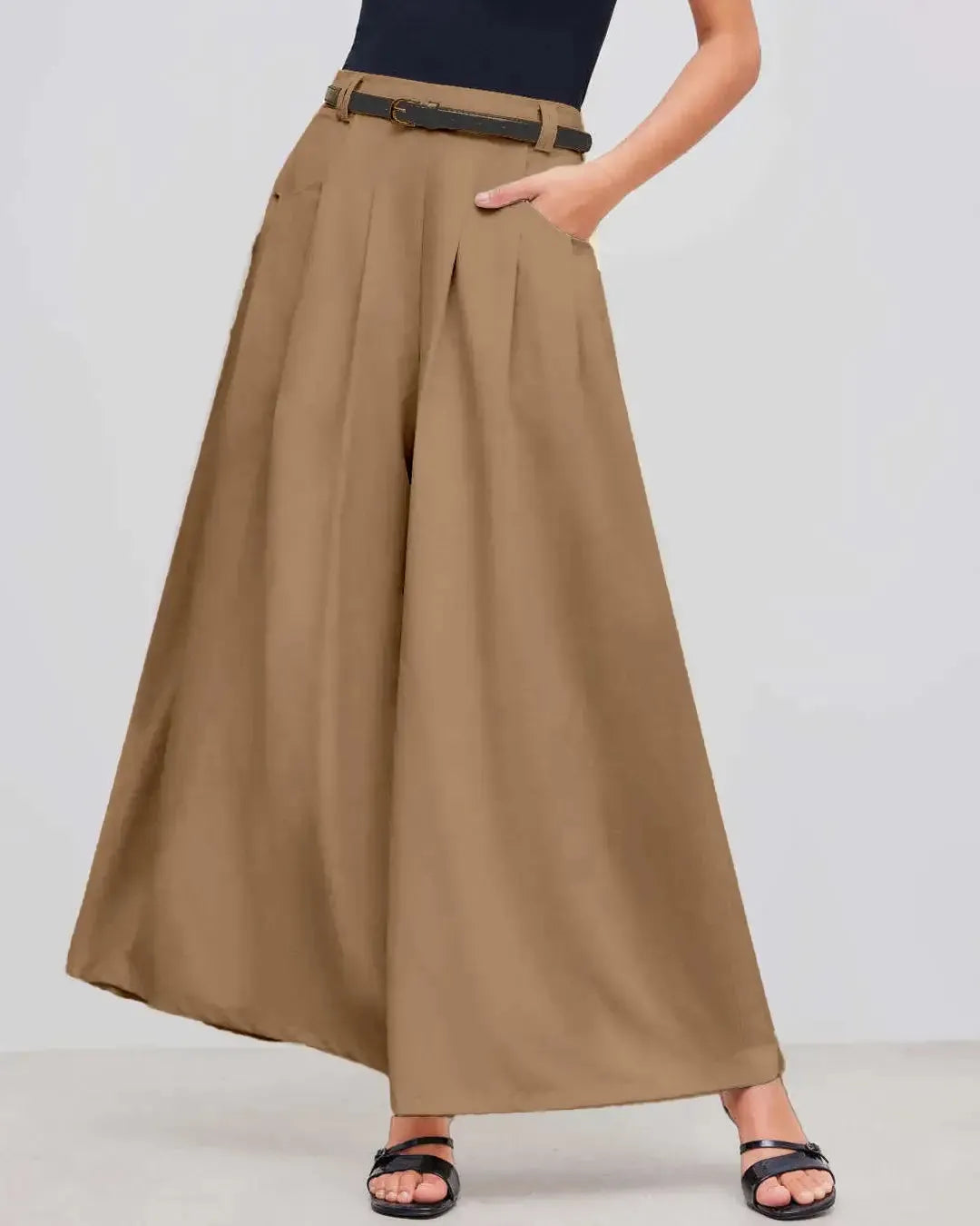 Mid-Rise Woven Wide-Leg Pleated Trousers in Mud Without Belt