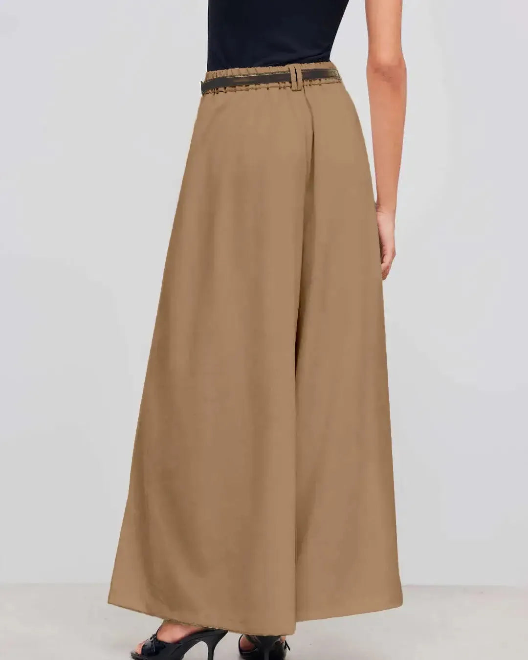 Mid-Rise Woven Wide-Leg Pleated Trousers in Mud Without Belt
