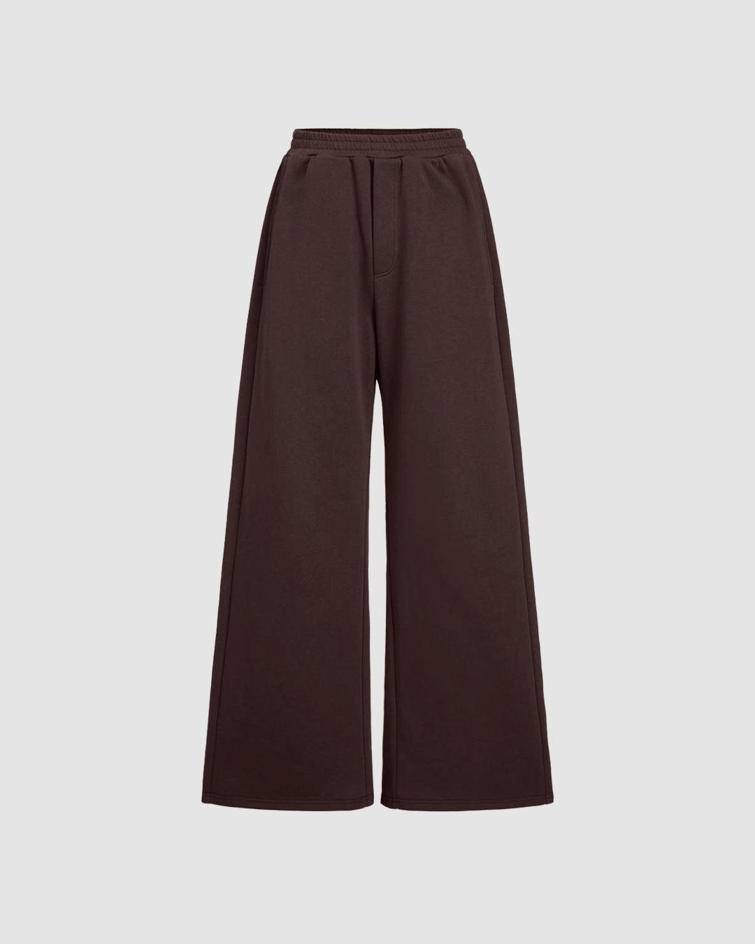 Mid Rise Elastic Waist Wide Leg Trousers In Chocolate Brown