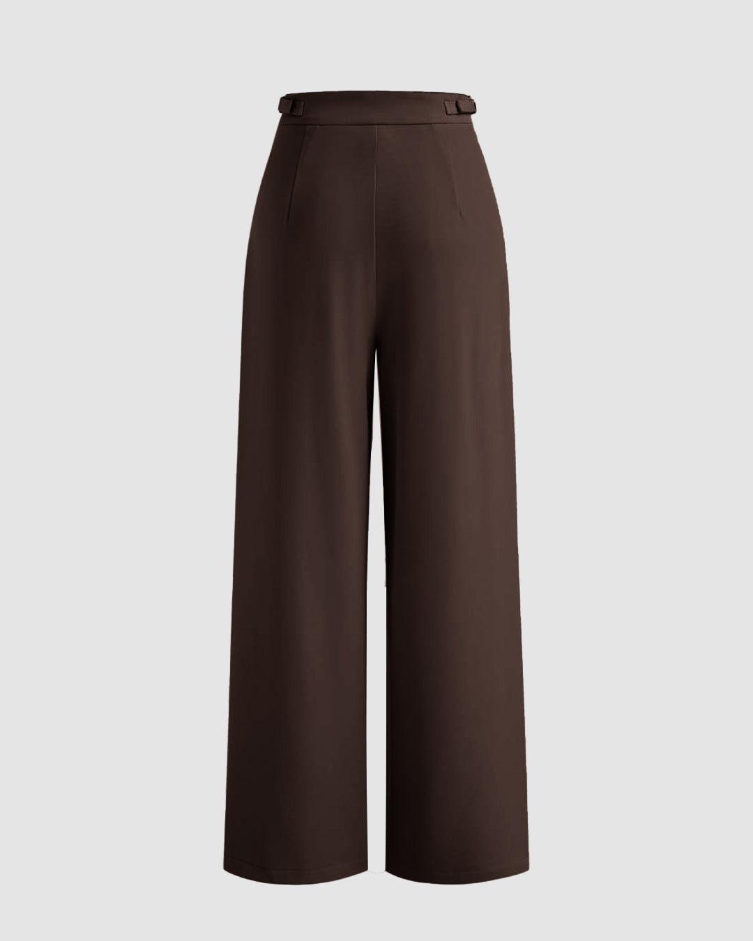Mid Rise Solid Pleated Belted Straight Leg Trousers In Coco Brown