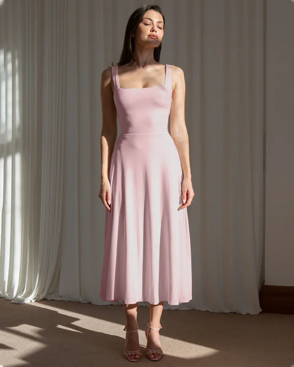 Minimal Fit and Flare Dusty Pink Midi Dress
