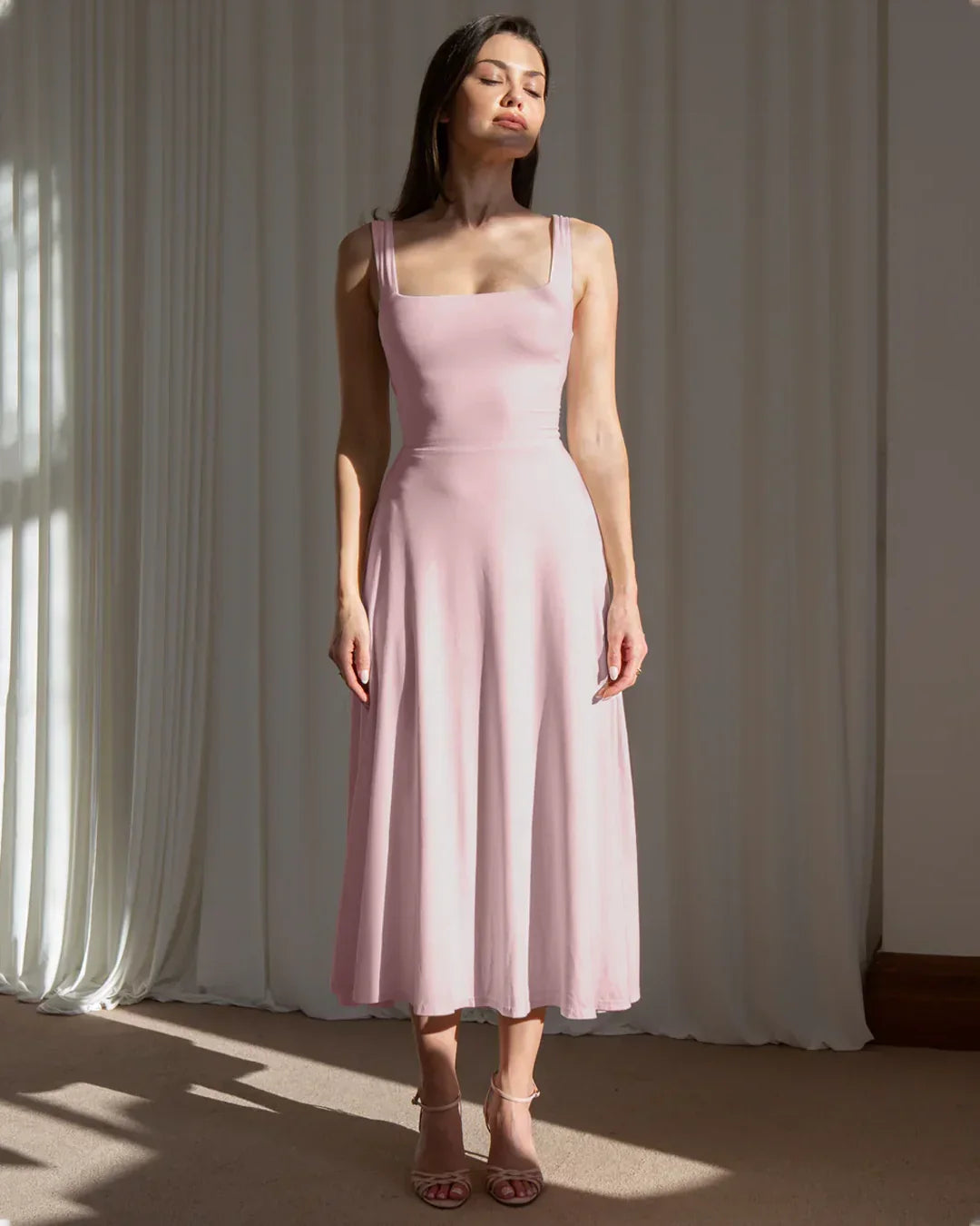 Minimal Fit and Flare Dusty Pink Midi Dress