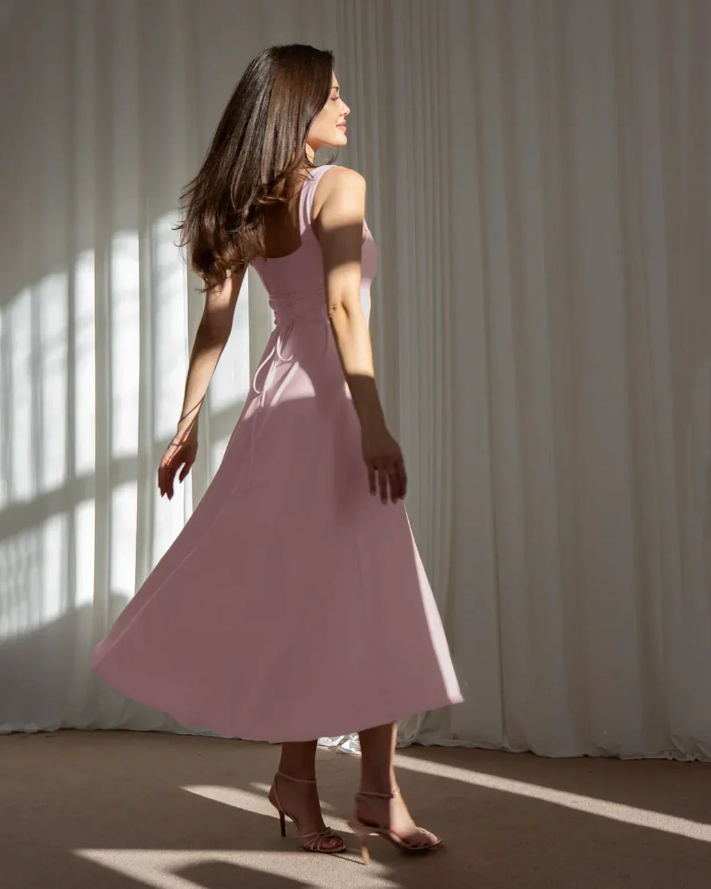 Minimal Fit and Flare Dusty Pink Midi Dress