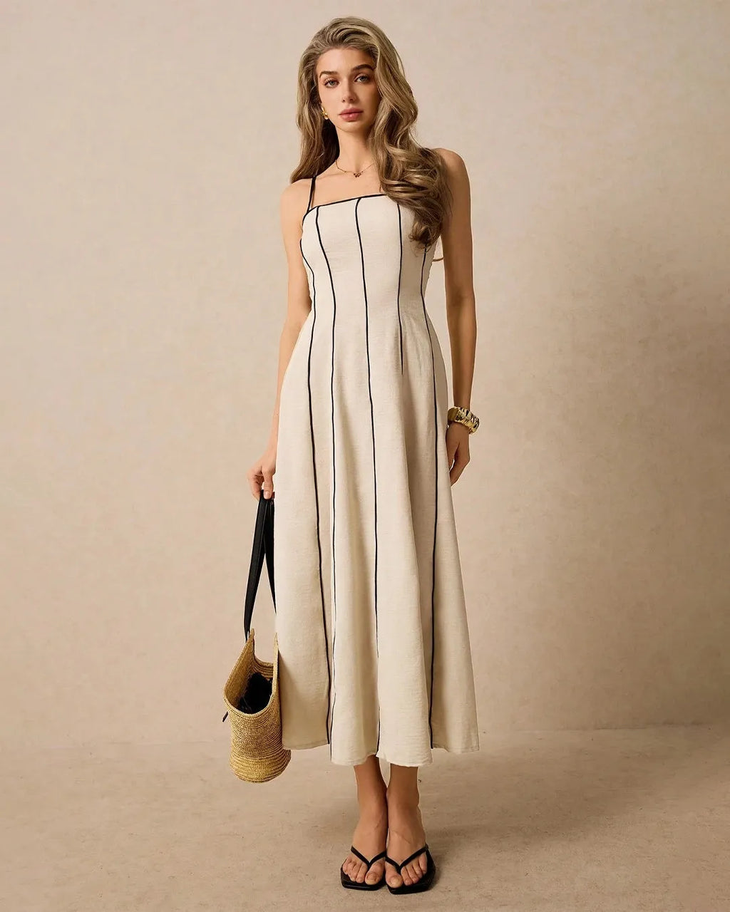 Minimalist Midi Dress with Spaghetti Straps and Contrast Piping In Khadi