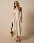 Minimalist Midi Dress with Spaghetti Straps and Contrast Piping In Khadi