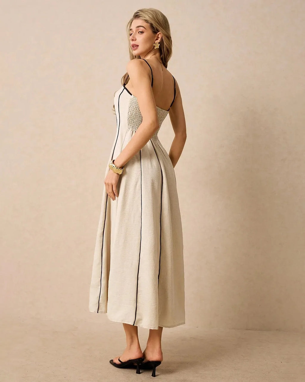 Minimalist Midi Dress with Spaghetti Straps and Contrast Piping In Khadi