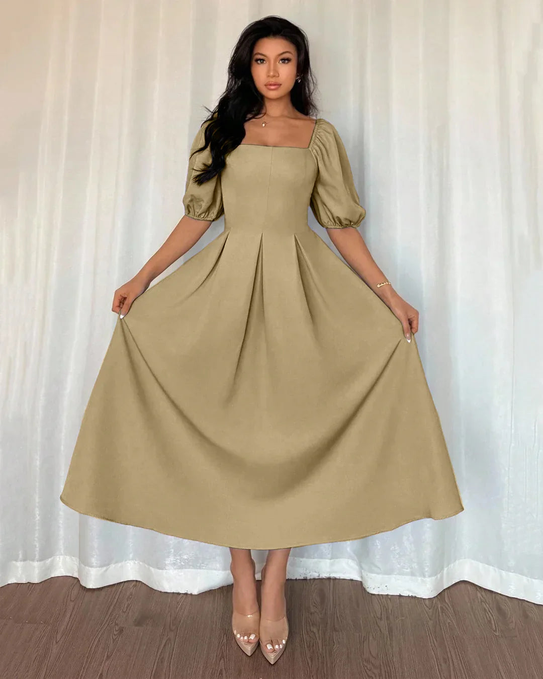 Minimalist Pleated Hem A Line Puff Sleeves Midi Dress in Mud