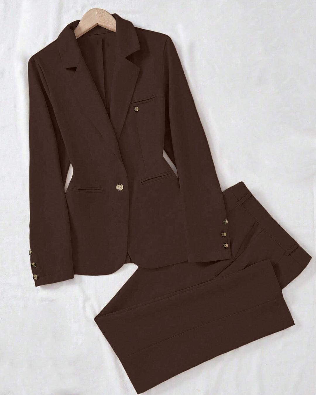 Minimalist Solid Color Notched Collar Single Button Business Suit Jacket & Pant Set In Coco Brown