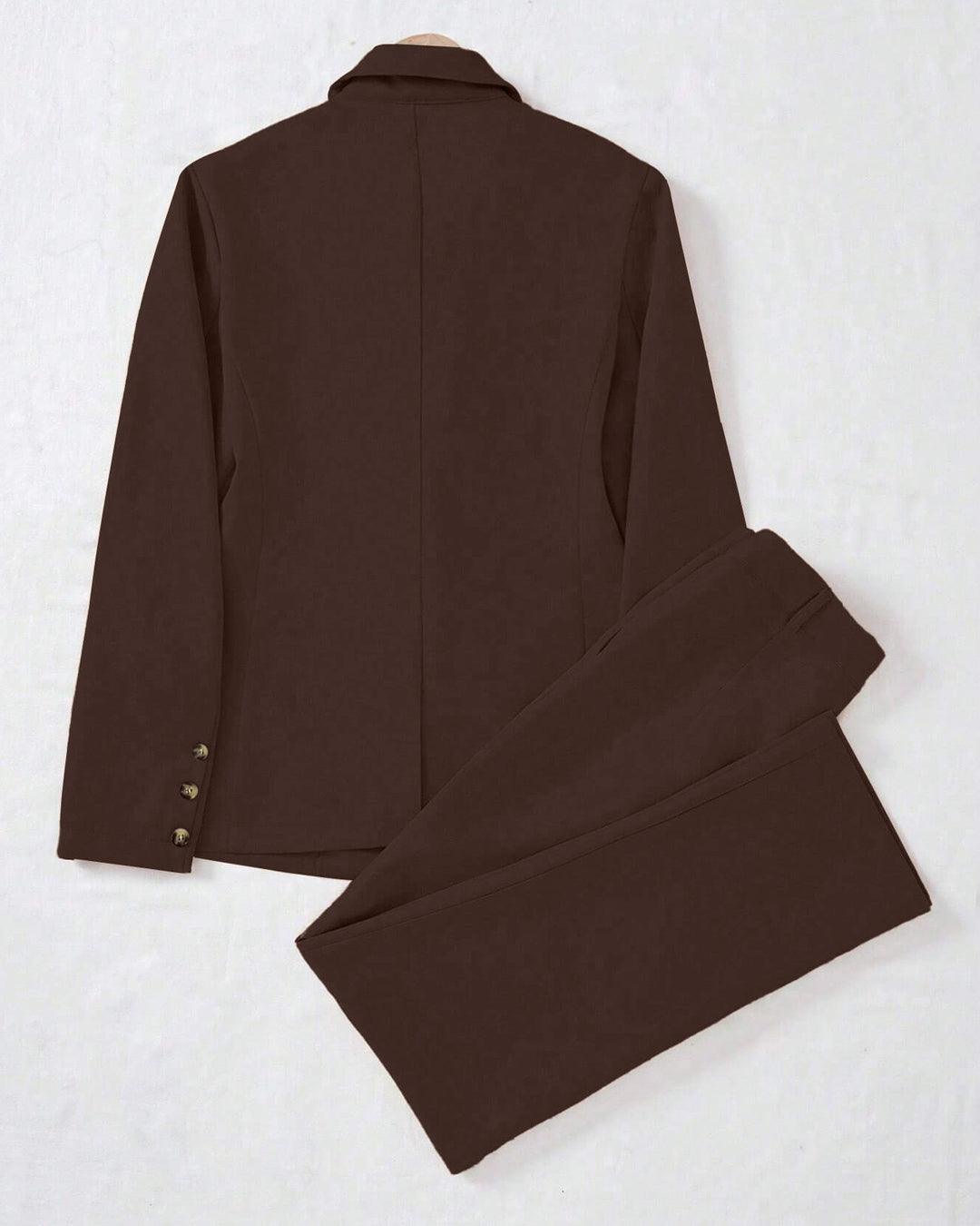 Minimalist Solid Color Notched Collar Single Button Business Suit Jacket & Pant Set In Coco Brown