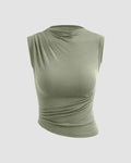 Mock Neck Asymmetric Ruched Tank Top In Herbal Green