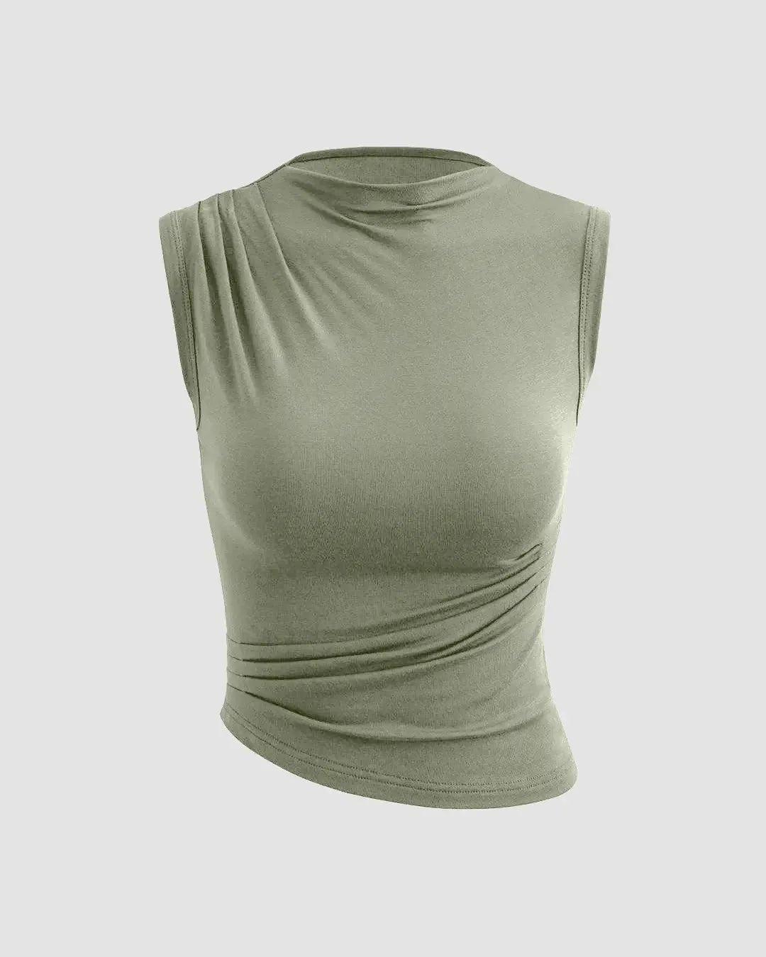 Mock Neck Asymmetric Ruched Tank Top In Herbal Green