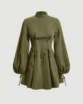 Mock Neck Lace Up Front Lantern Sleeve Green Dress