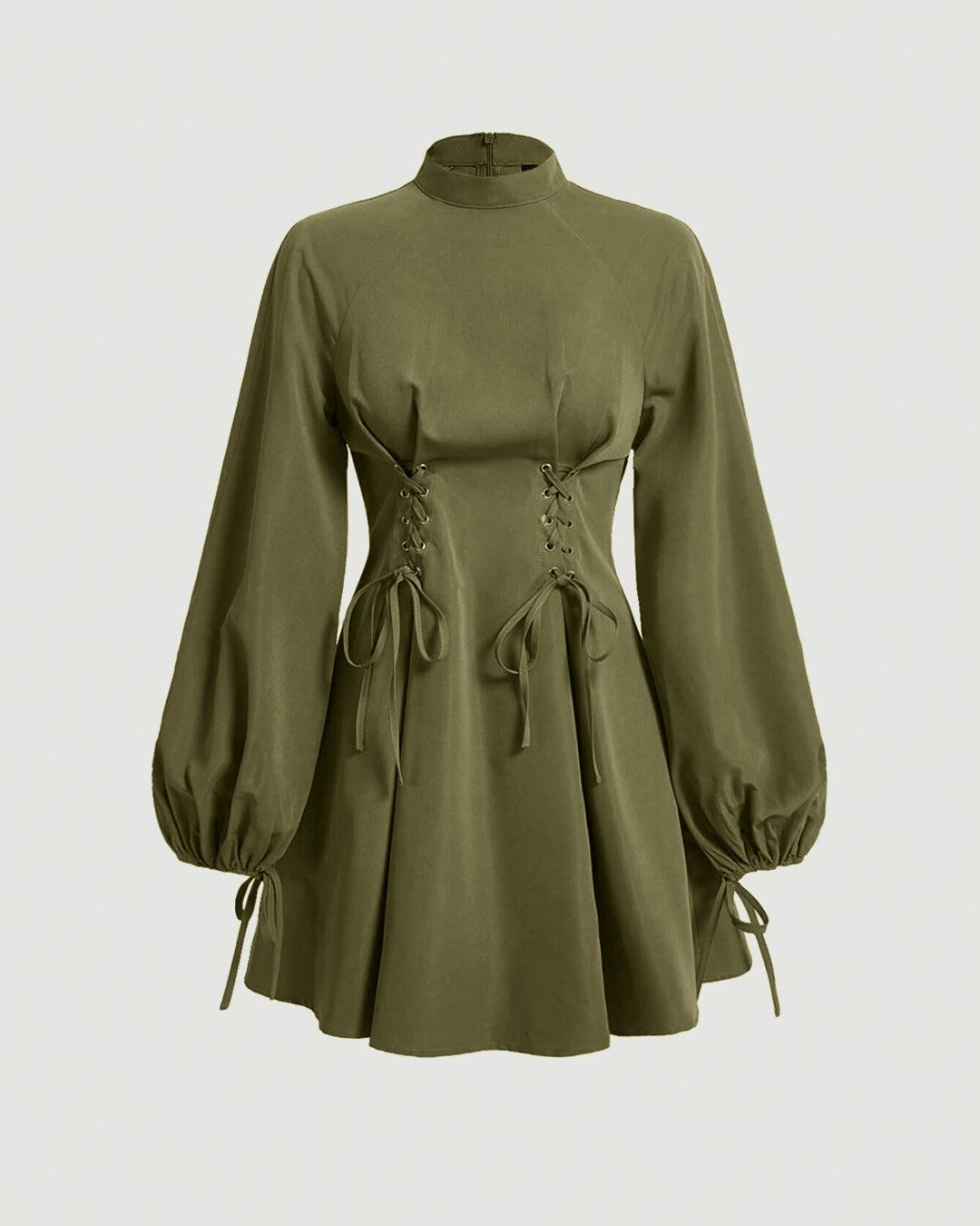 Mock Neck Lace Up Front Lantern Sleeve Green Dress