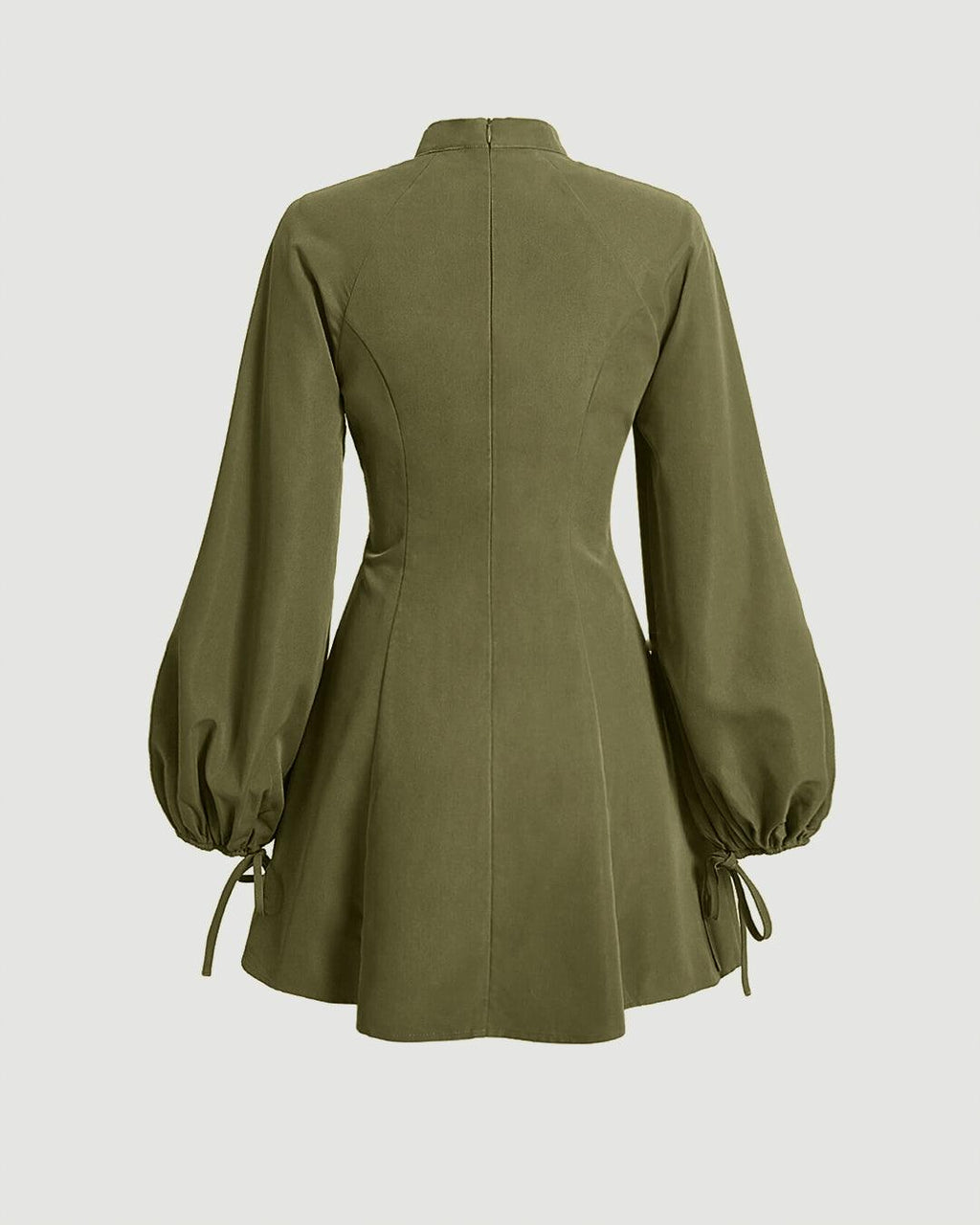 Mock Neck Lace Up Front Lantern Sleeve Green Dress