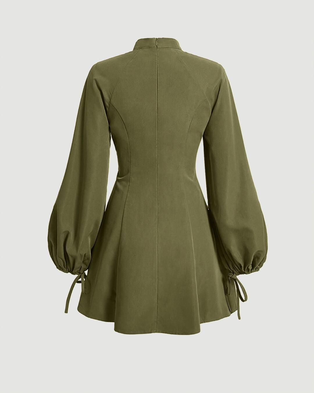 Mock Neck Lace Up Front Lantern Sleeve Green Dress
