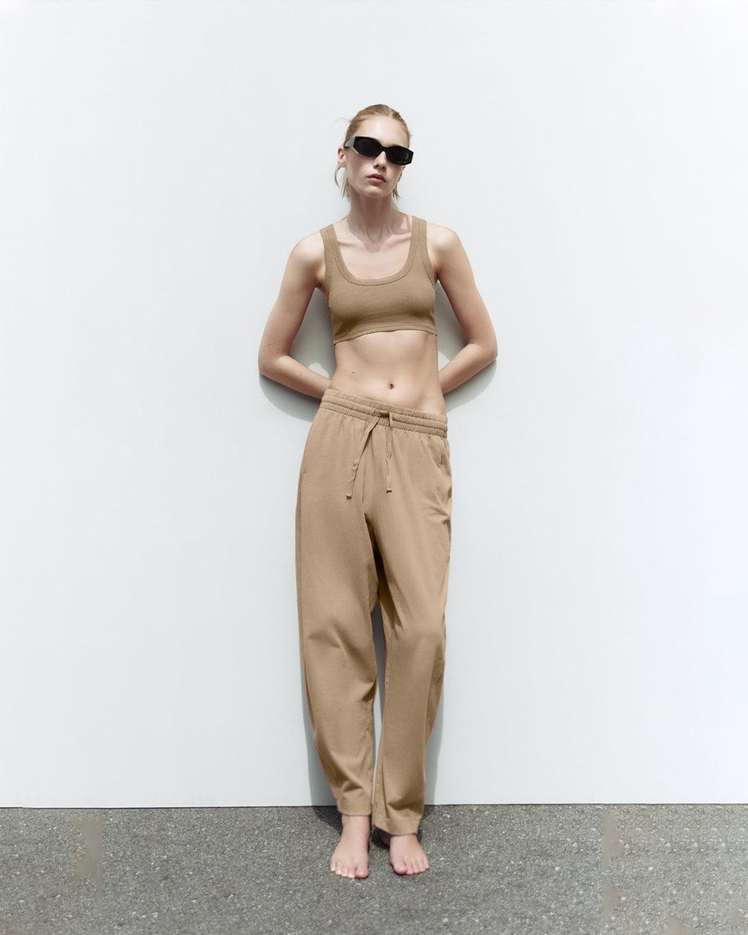 Set Of Two : Corset Style Top & Relaxed Fit Joggers in Light Brown