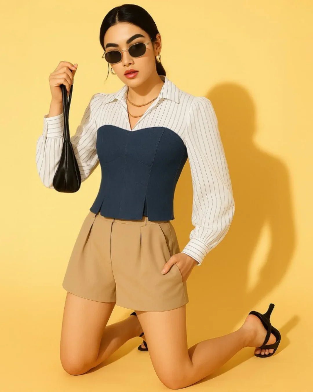 Navy Blue And White Striped Corset Fitted Shirt