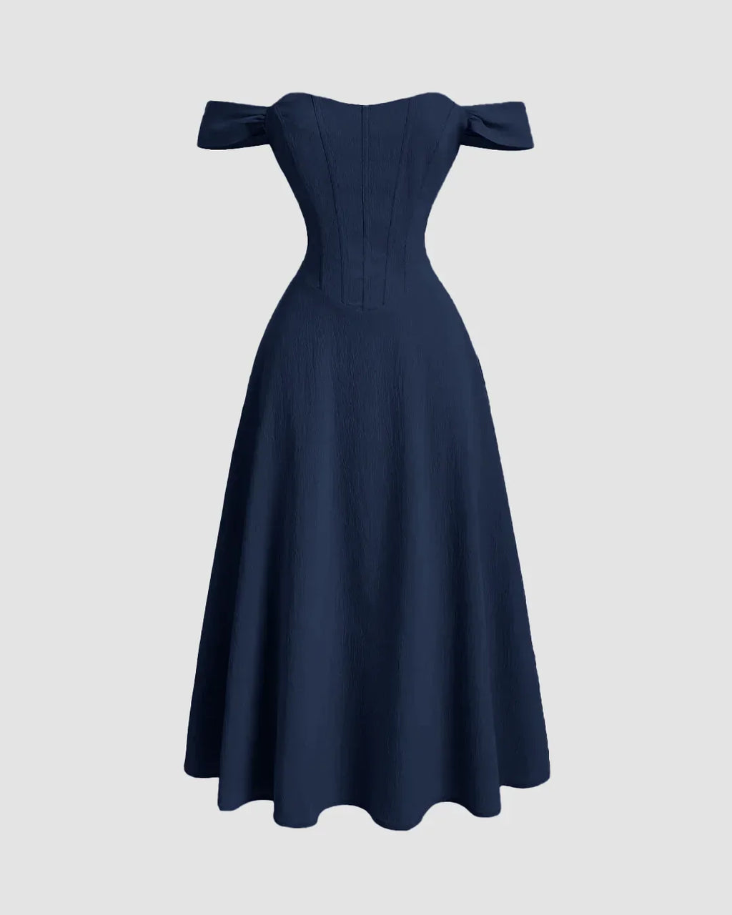 Off-Shoulder Corset Fit & Flare Midi Dress in Navy Blue