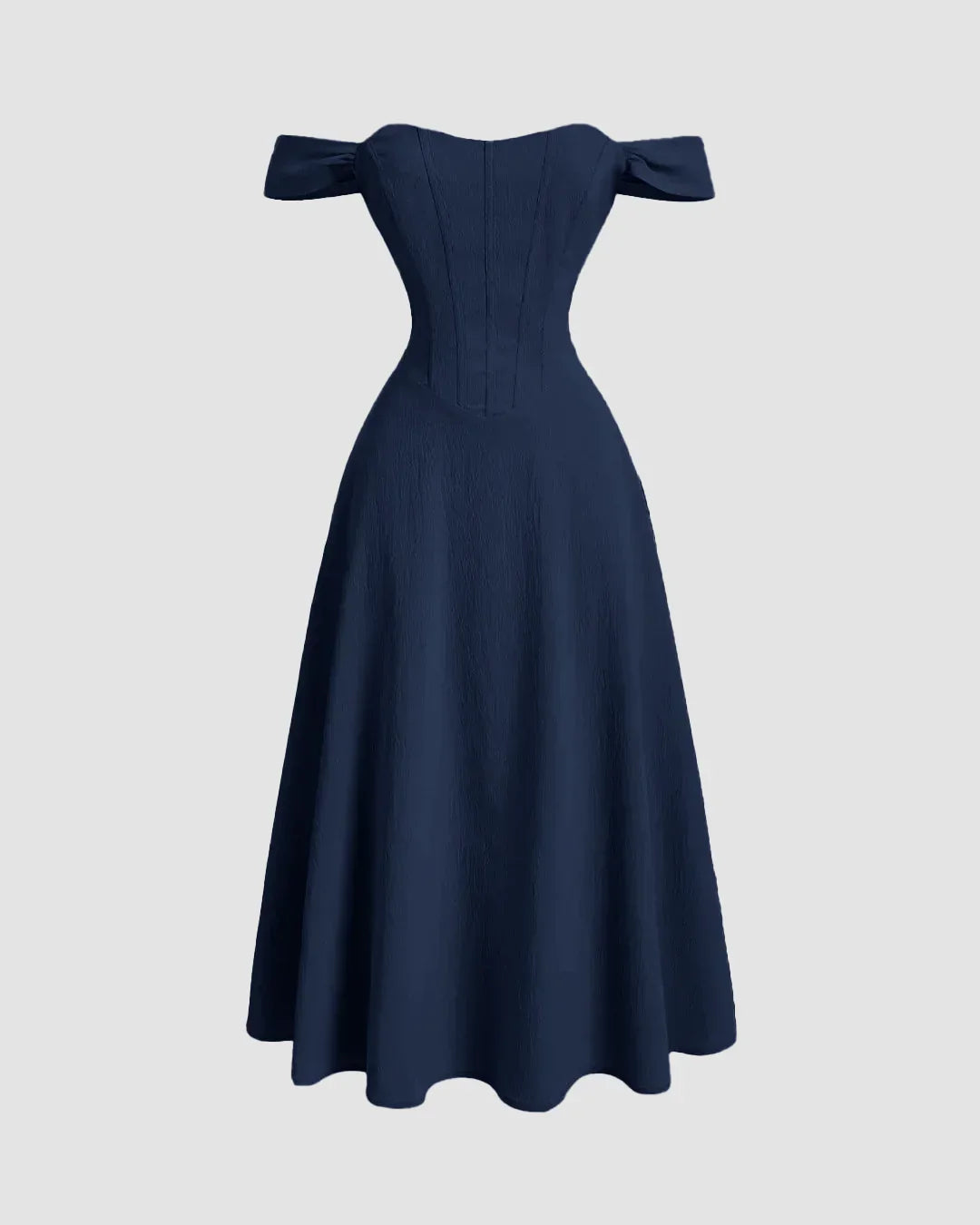 Off-Shoulder Corset Fit & Flare Midi Dress in Navy Blue