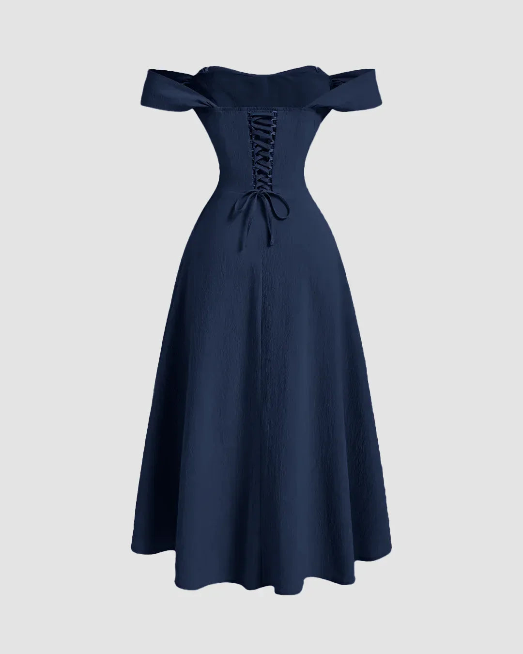 Off-Shoulder Corset Fit & Flare Midi Dress in Navy Blue