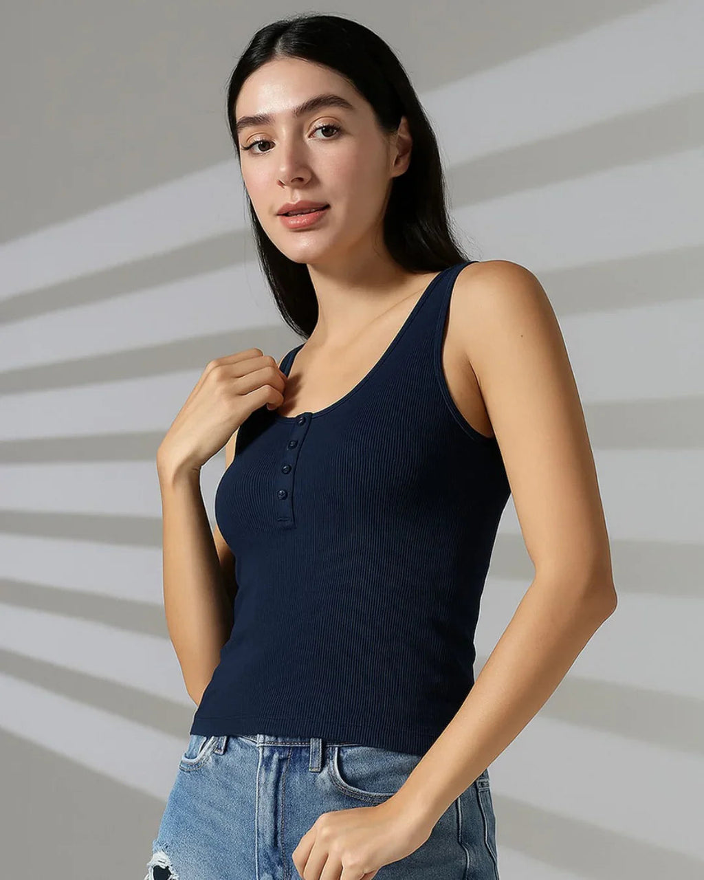 Navy Blue Ribbed Scoop Neck Tank Top with Buttons