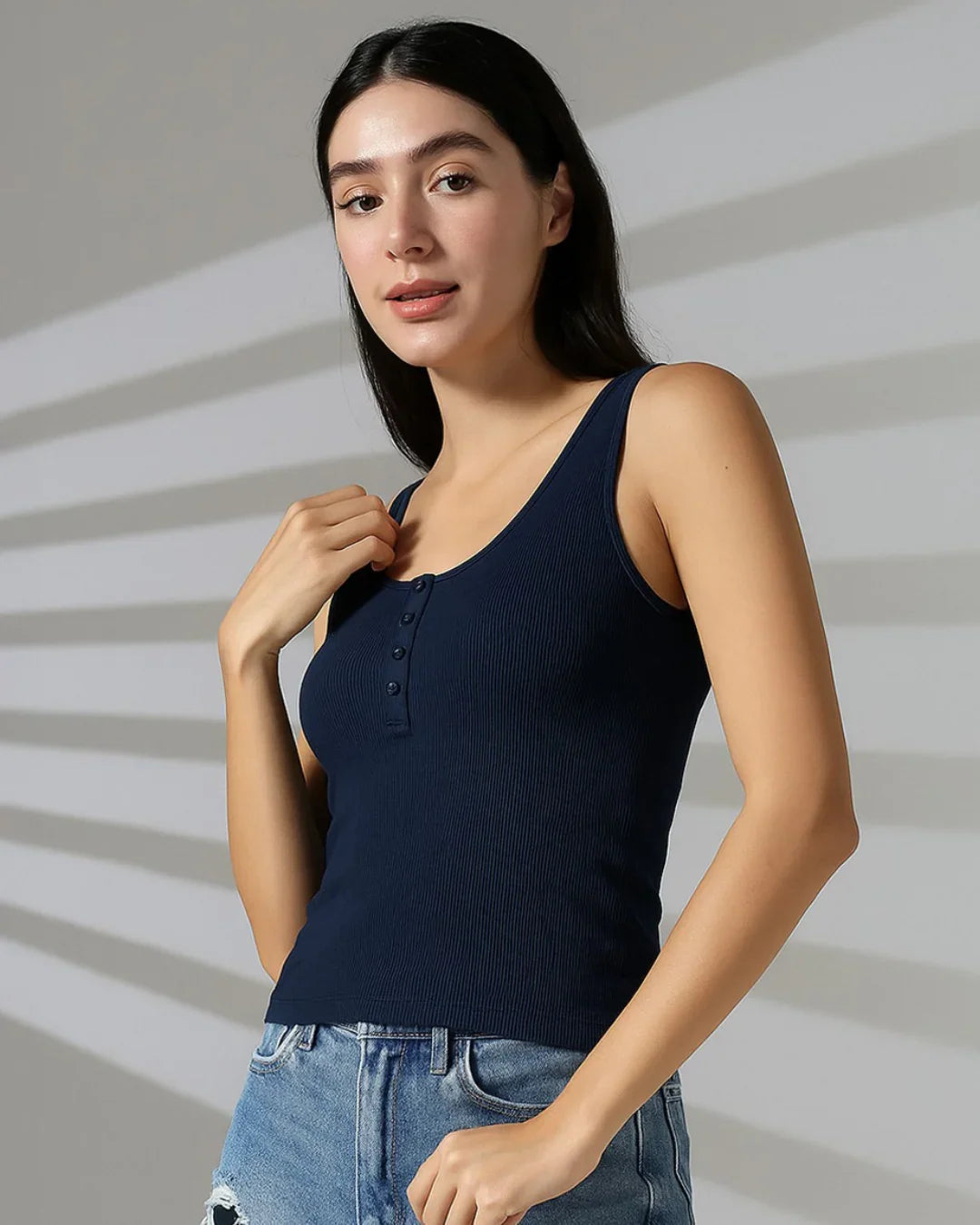 Navy Blue Ribbed Scoop Neck Tank Top with Buttons