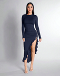 Navy Blue Ruched High-Slit Ruffle Hem Dress