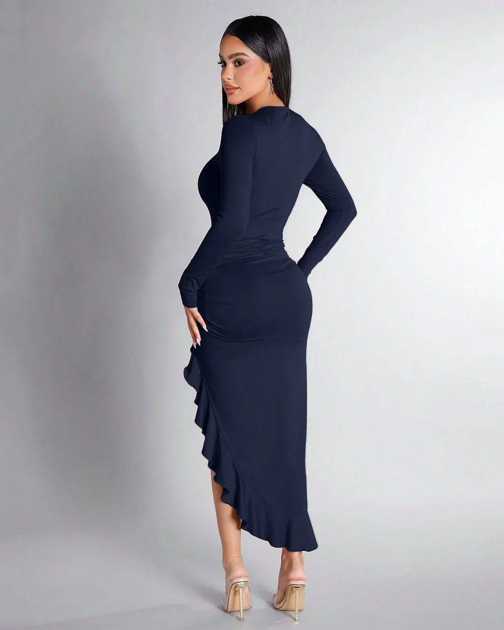 Navy Blue Ruched High-Slit Ruffle Hem Dress