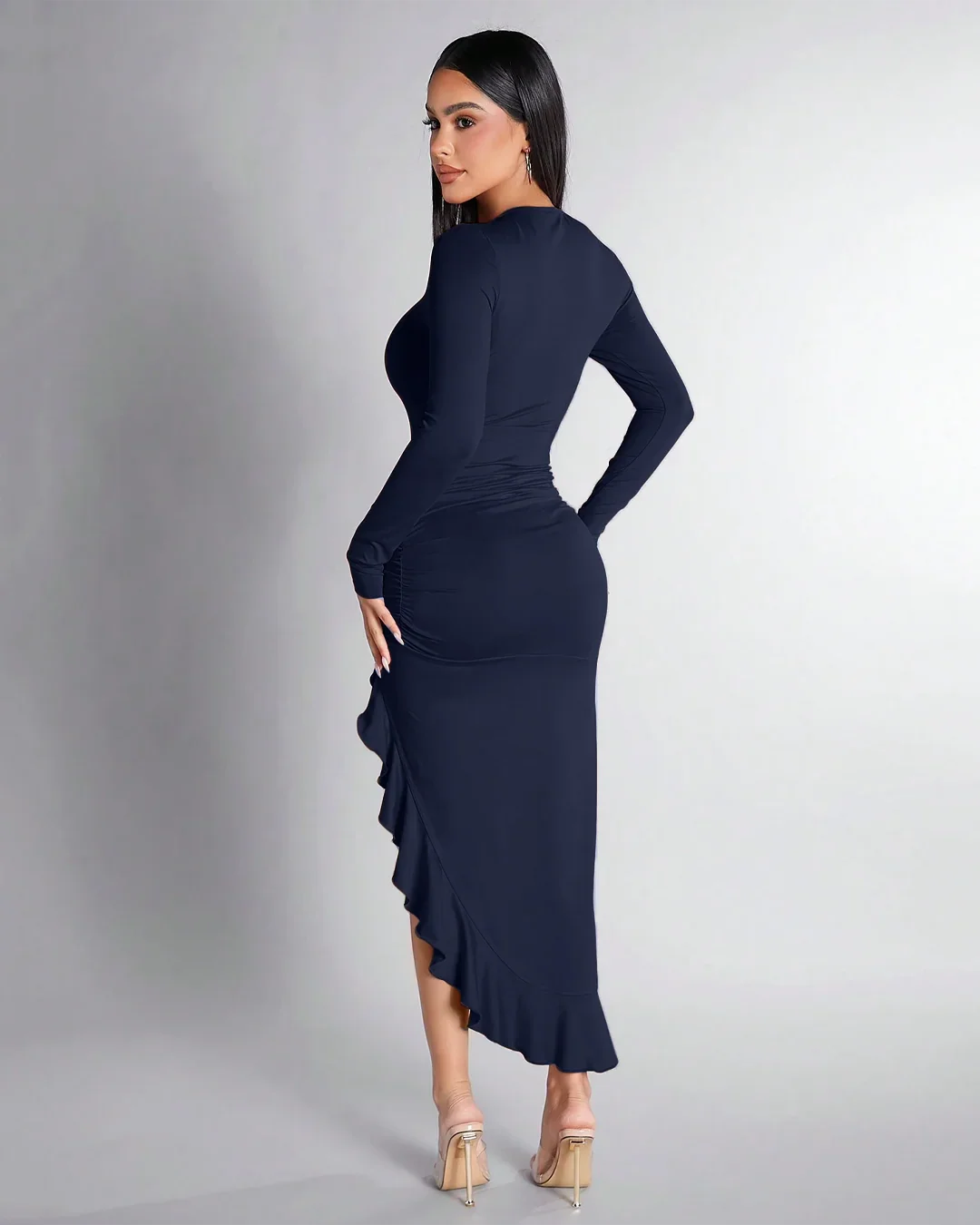 Navy Blue Ruched High-Slit Ruffle Hem Dress