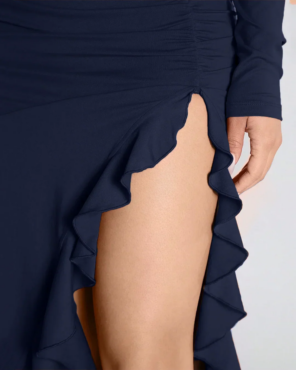 Navy Blue Ruched High-Slit Ruffle Hem Dress