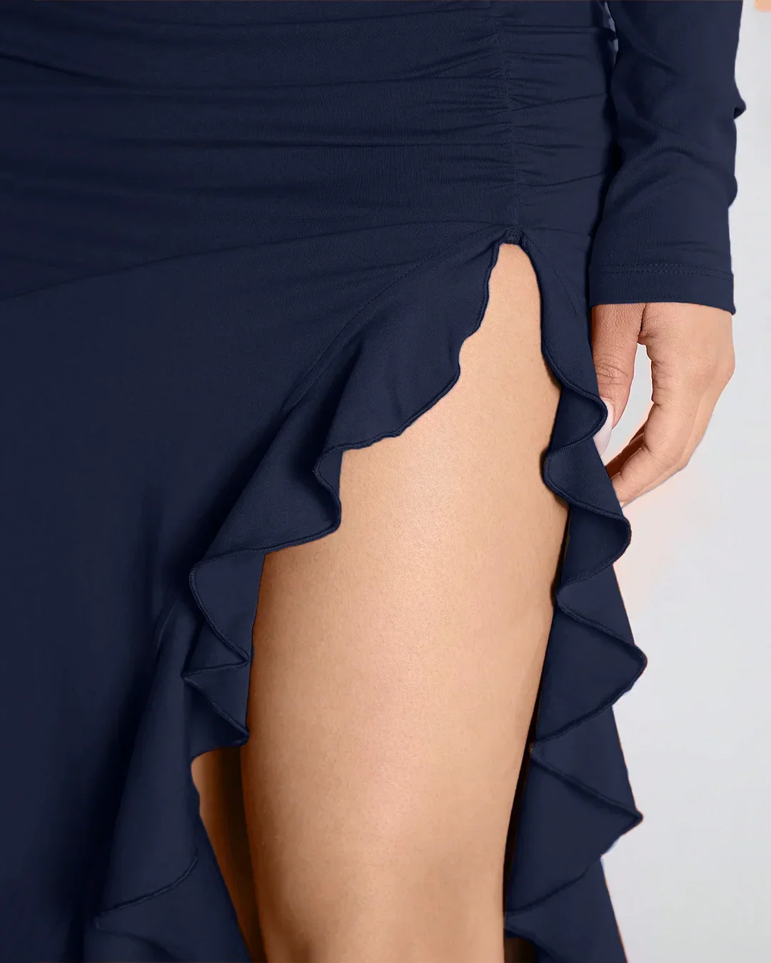 Navy Blue Ruched High-Slit Ruffle Hem Dress