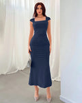 Navy Blue Square Neck Cap Sleeve Bodycon Midi Dress