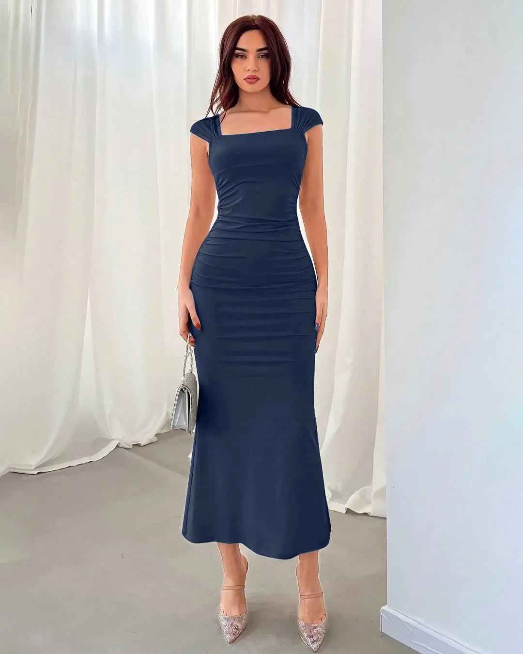 Navy Blue Square Neck Cap Sleeve Bodycon Midi Dress