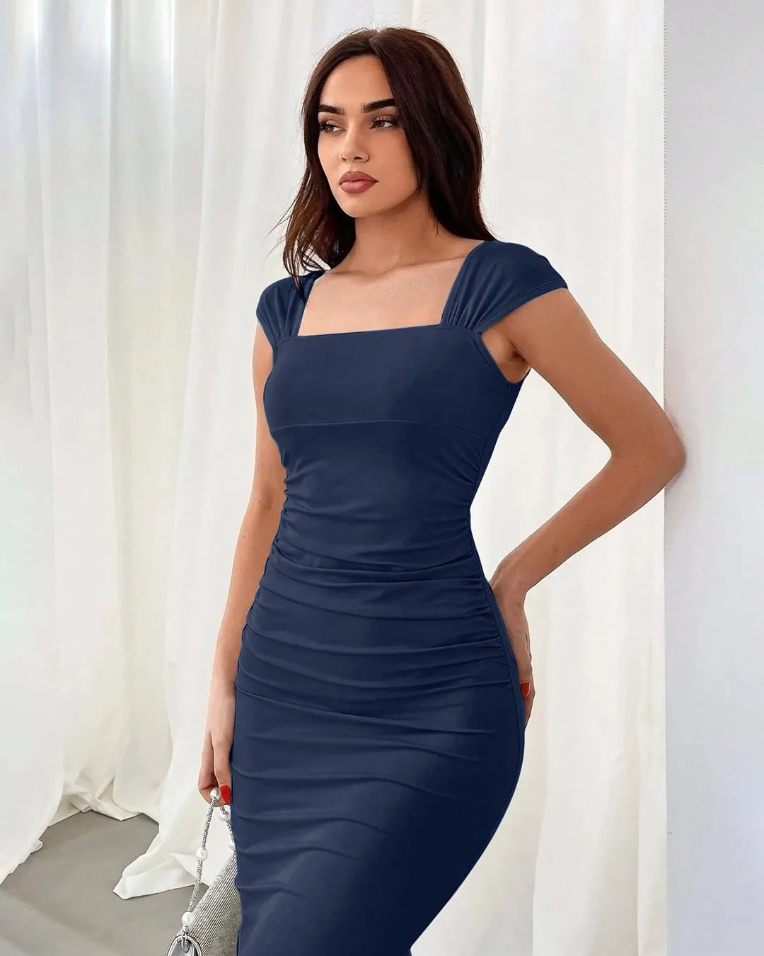 Navy Blue Square Neck Cap Sleeve Bodycon Midi Dress