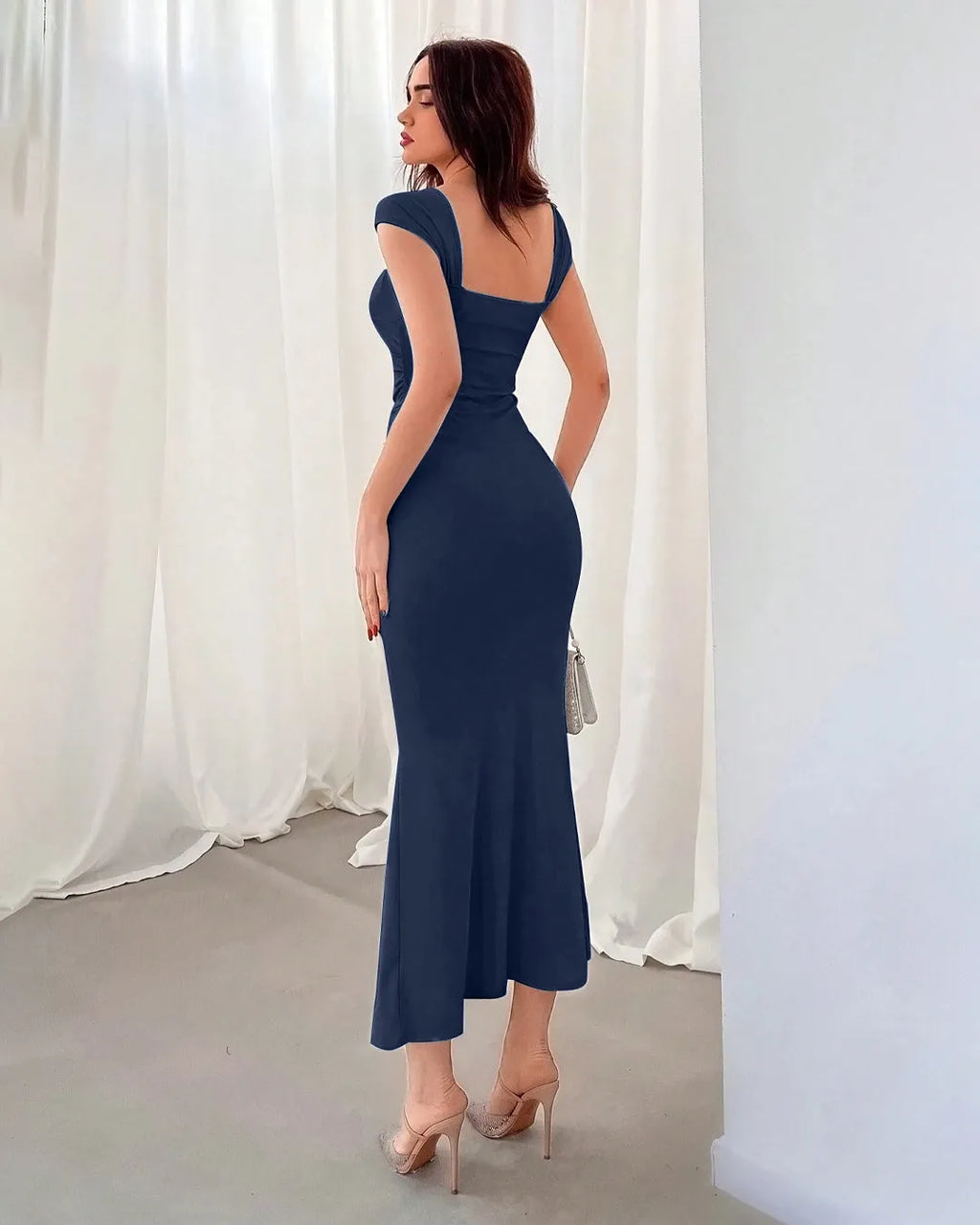 Navy Blue Square Neck Cap Sleeve Bodycon Midi Dress