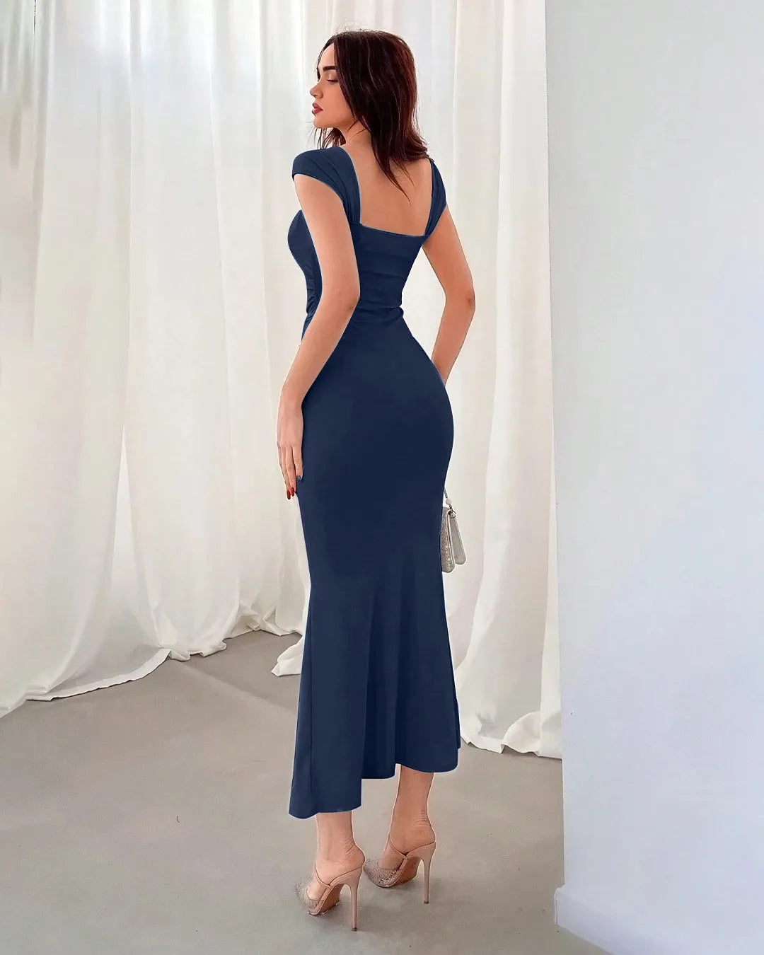 Navy Blue Square Neck Cap Sleeve Bodycon Midi Dress