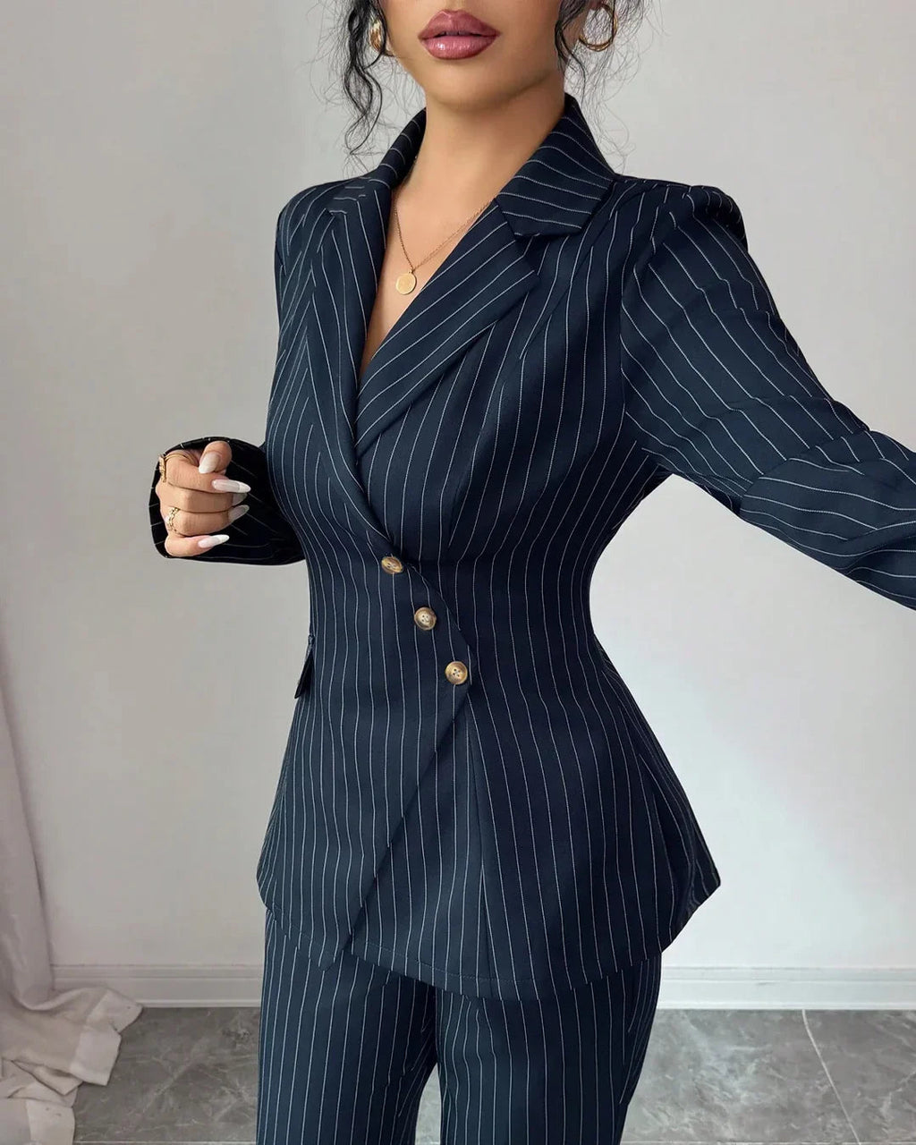 Navy Blue Striped V-Neck Asymmetric Long Sleeve Jacket & Wide-Leg Pants Suit