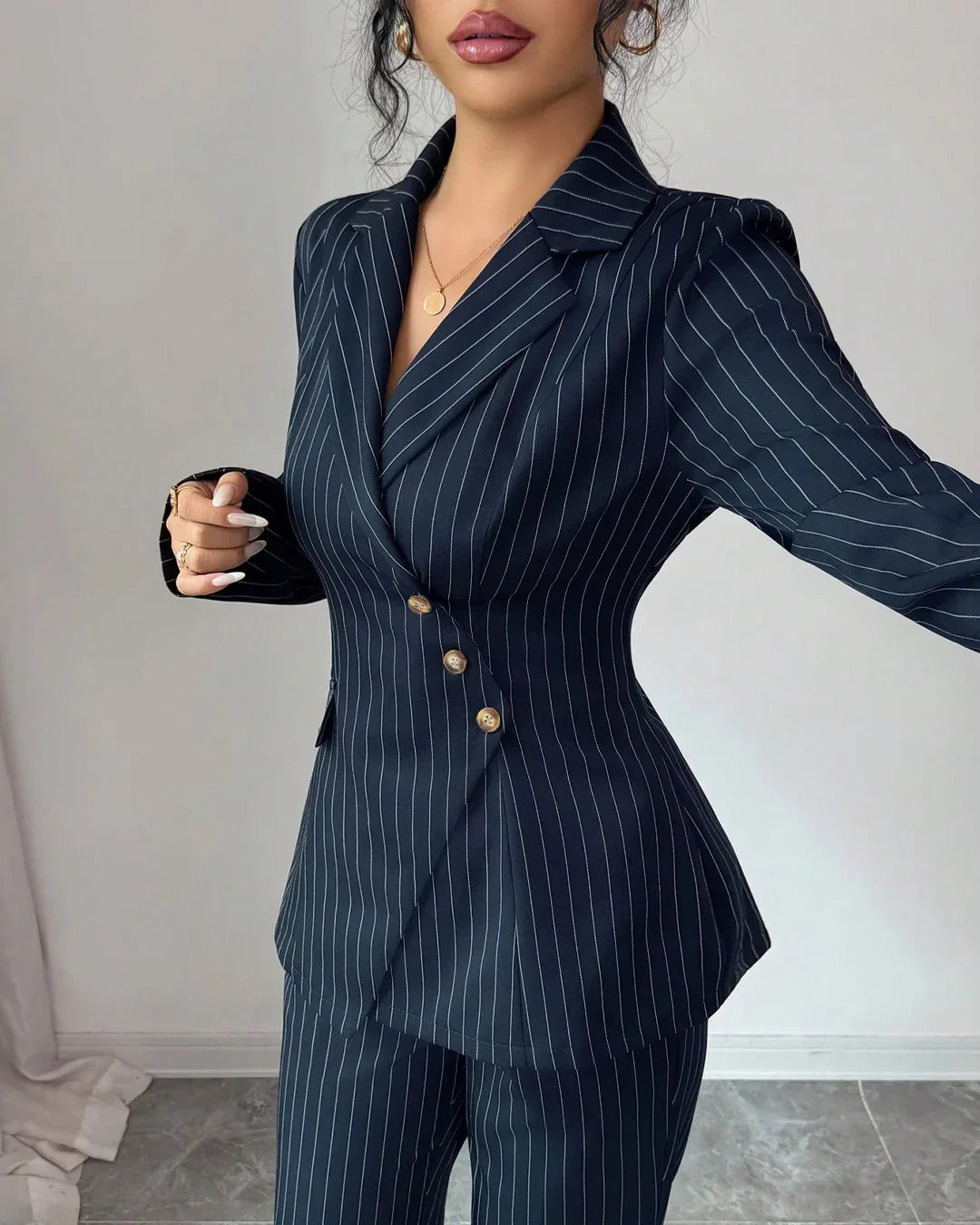 Navy Blue Striped V-Neck Asymmetric Long Sleeve Jacket & Wide-Leg Pants Suit