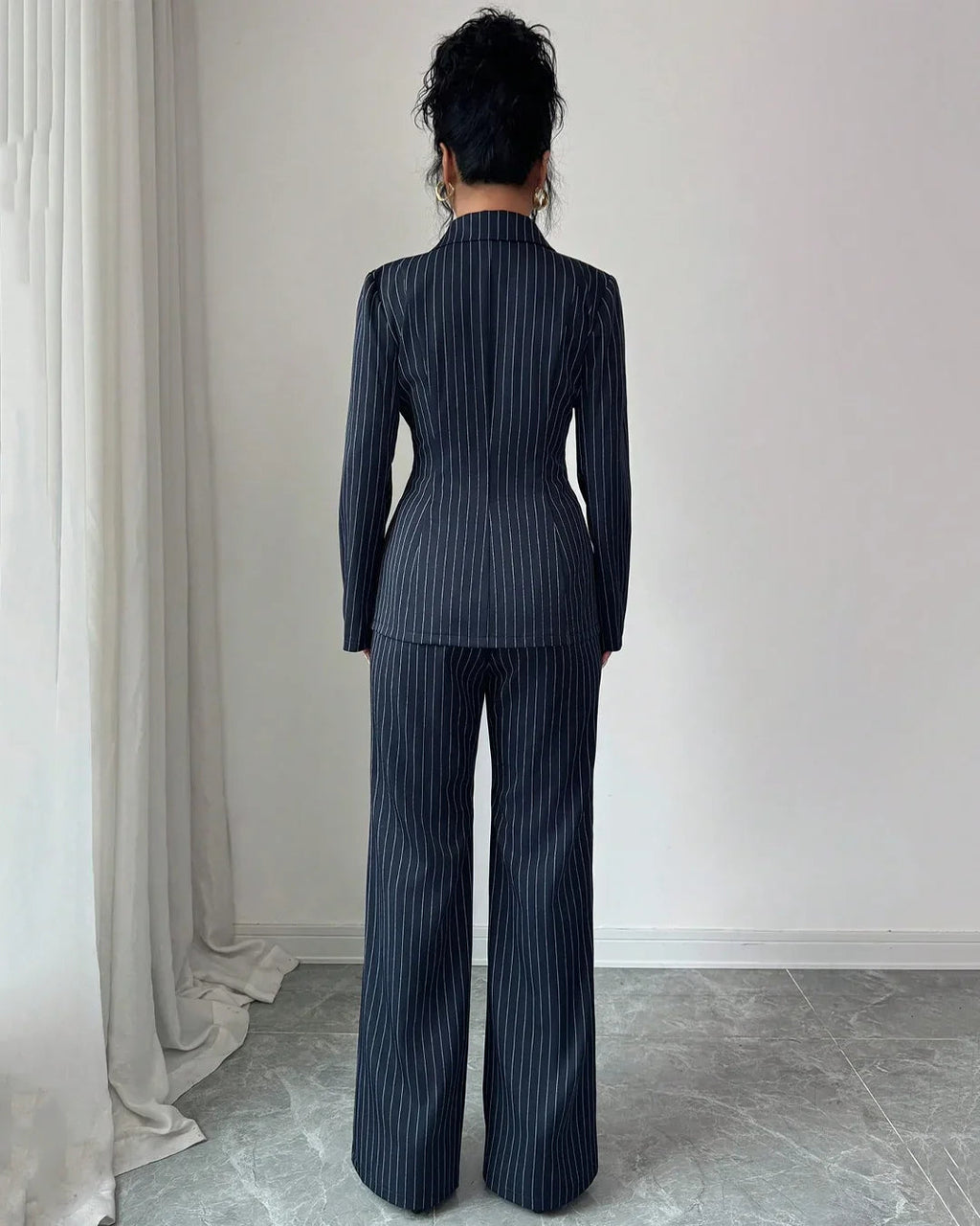 Navy Blue Striped V-Neck Asymmetric Long Sleeve Jacket & Wide-Leg Pants Suit