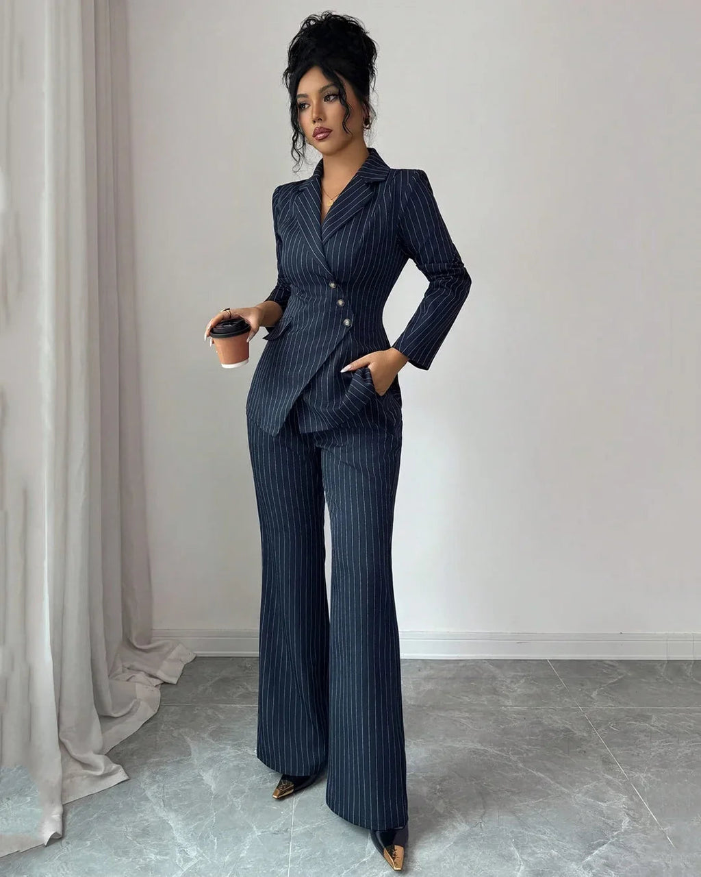 Navy Blue Striped V-Neck Asymmetric Long Sleeve Jacket & Wide-Leg Pants Suit