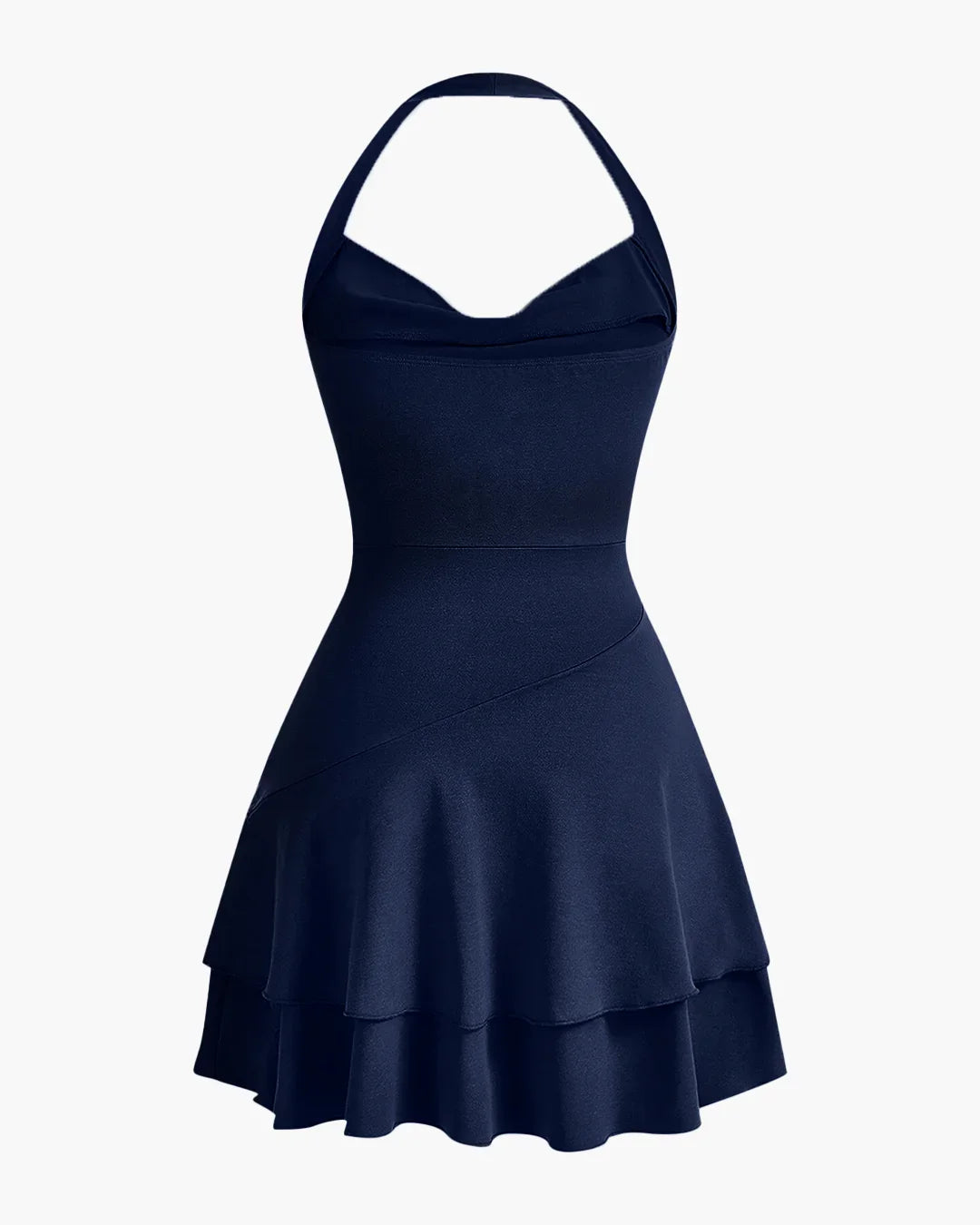 Skater Dress with Halter Neck and Ruffle Hem in Navy Blue