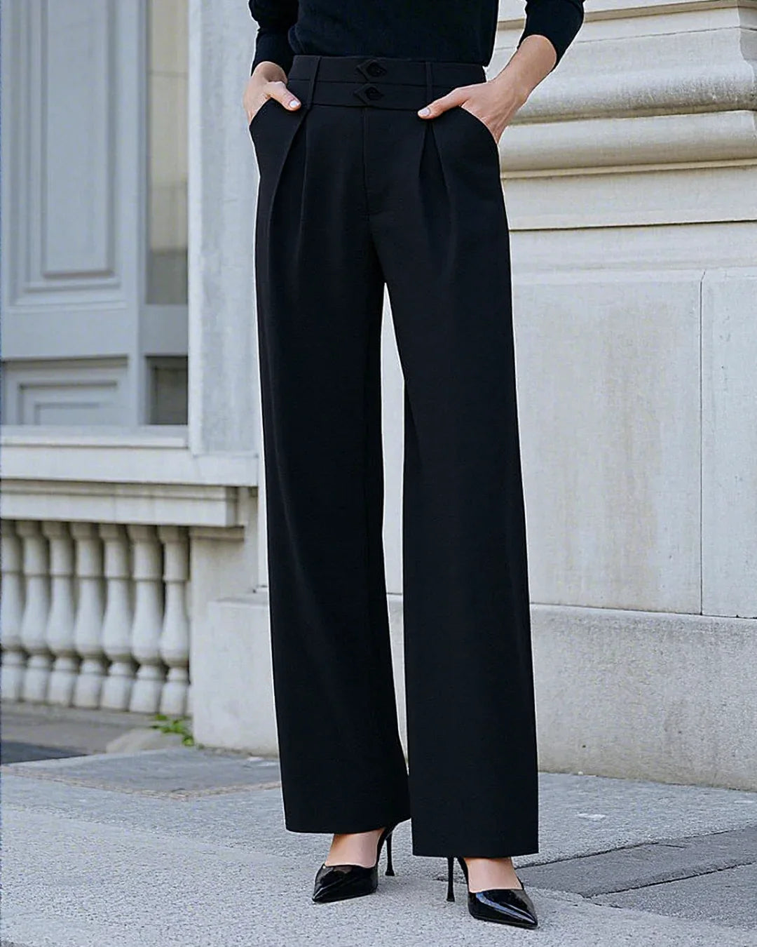 New Nostalgia Solid High Waist Pleated Wide Leg Pants In Black