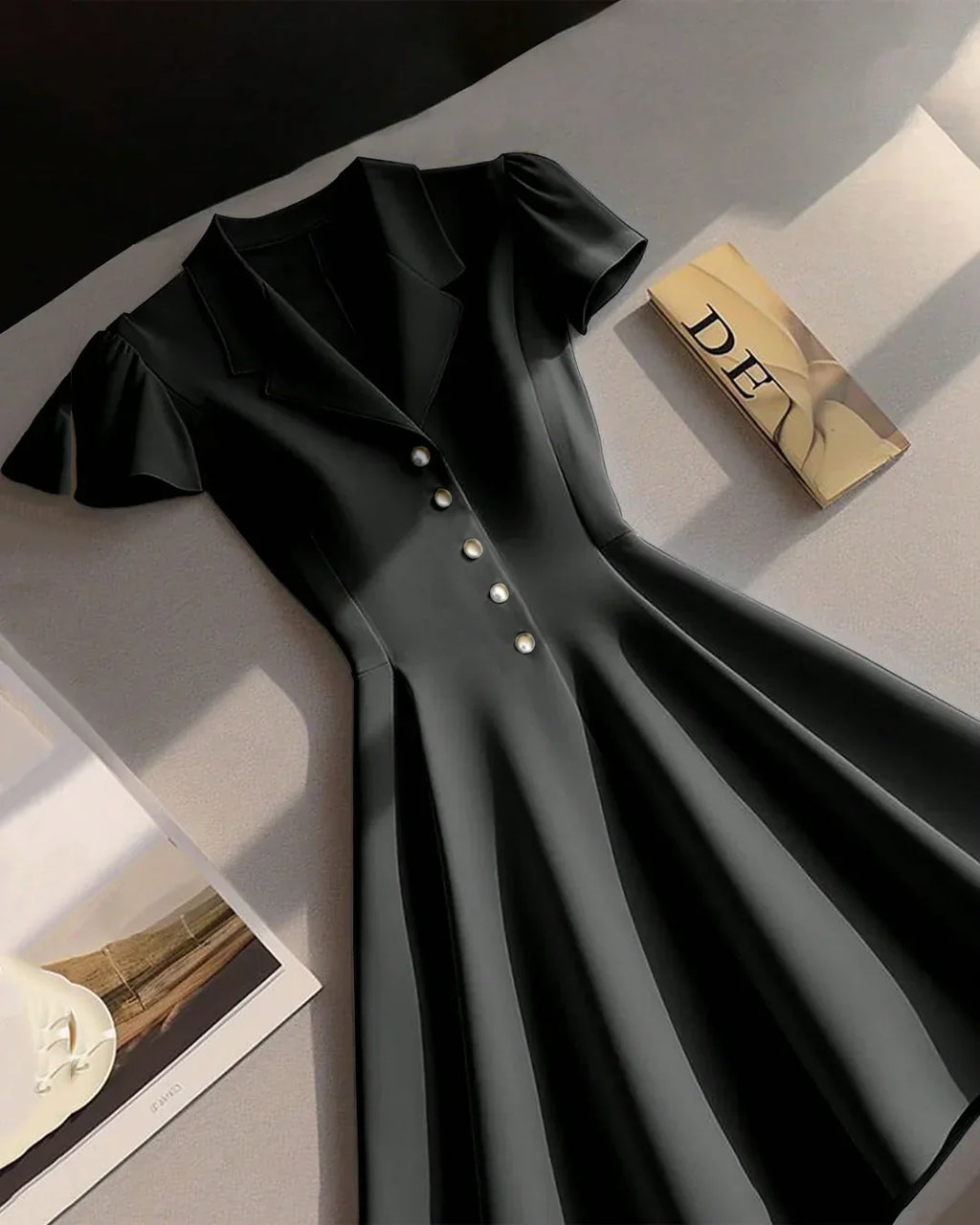 Notch Collar Buttoned Fit & Flare Mini Dress in Black
