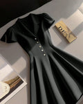 Notch Collar Buttoned Fit & Flare Mini Dress in Black