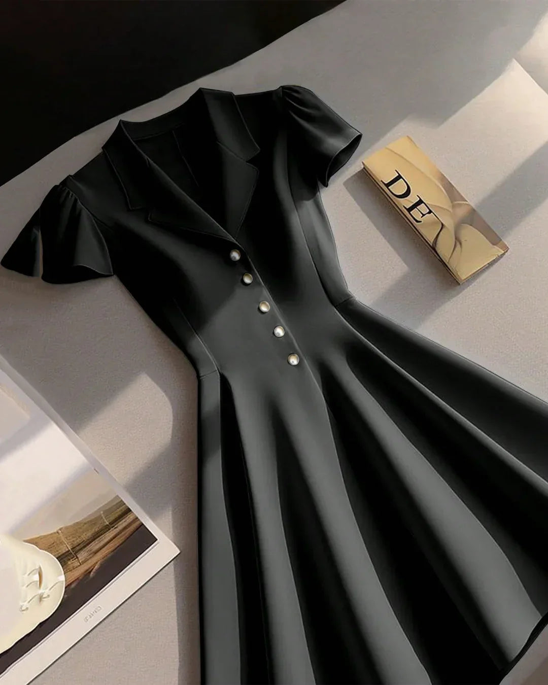 Notch Collar Buttoned Fit & Flare Mini Dress in Black