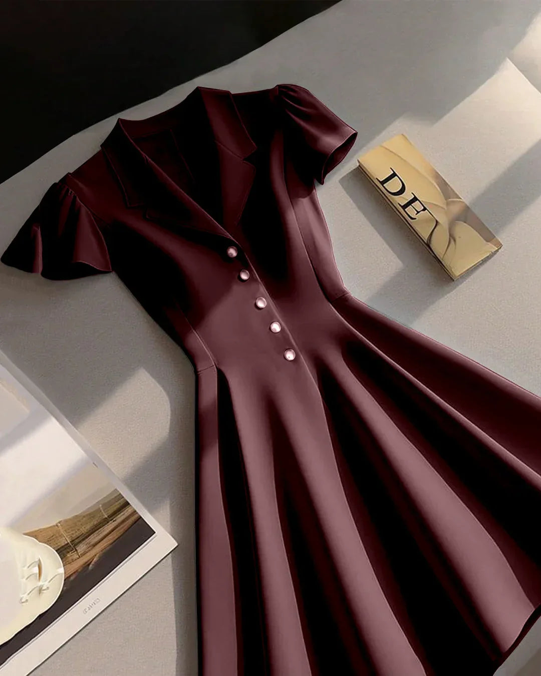 Notch Collar Buttoned Fit & Flare Mini Dress in Chocolate